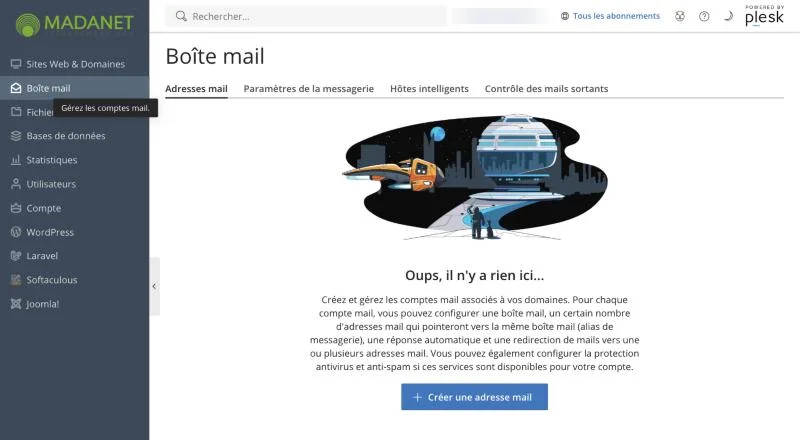 La section Boîte mail de Plesk