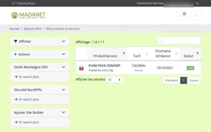 Votre hébergement dans « Mes produits et services »