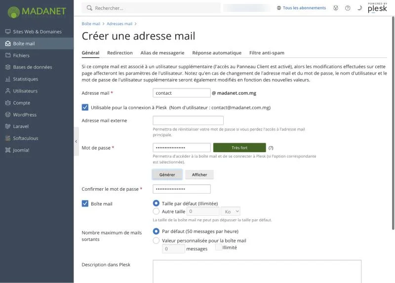 Le formulaire de création d’adresse mail
