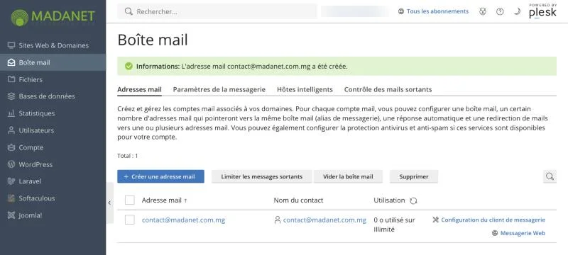 L’adresse créée dans la liste des adresses mail