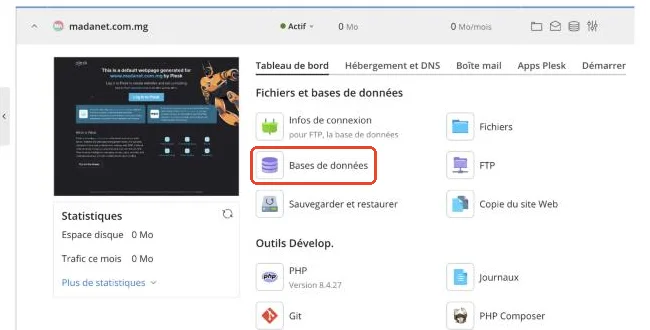Le lien Bases de données du tableau de bord