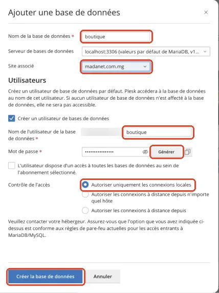 Le formulaire d’ajout de base de données