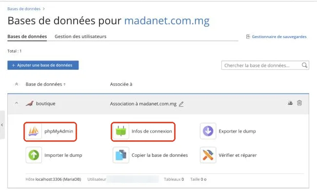 La base créée avec phpMyAdmin et Infos de connexion
