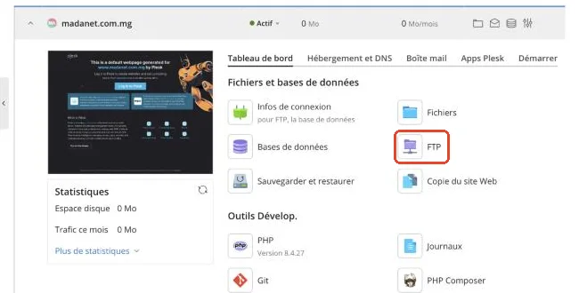 Le lien FTP du tableau de bord