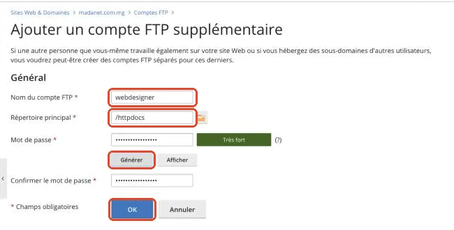 Le formulaire de création du compte FTP