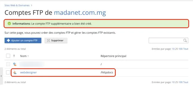 Le nouveau compte FTP dans la liste