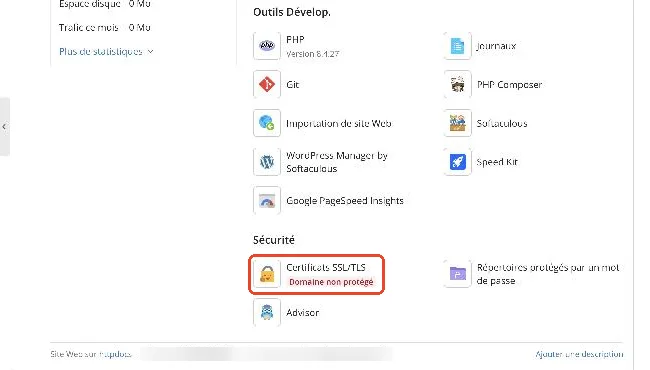 La rubrique Sécurité et le lien Certificats SSL/TLS