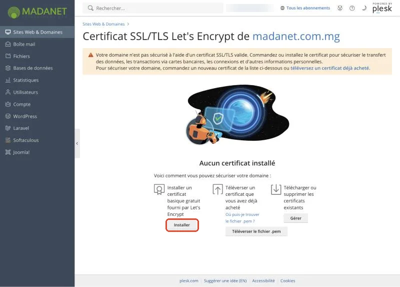 Le bouton Installer de Let’s Encrypt