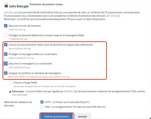 Les options du certificat Let’s Encrypt