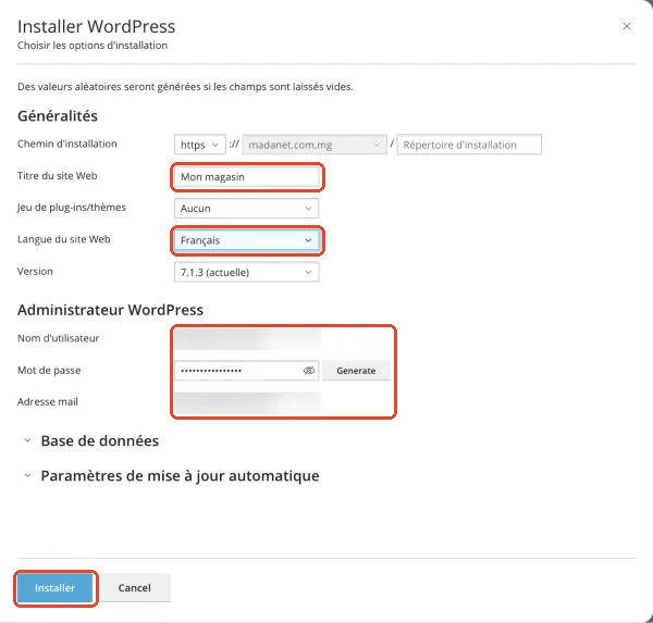 Les options d’installation de WordPress