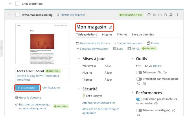 Le bouton Se connecter à l’administration WordPress