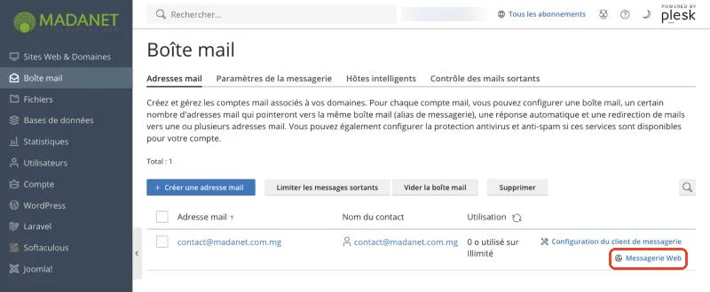 Le lien Messagerie Web dans Plesk