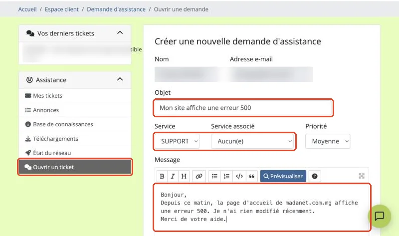 Le formulaire de demande d’assistance