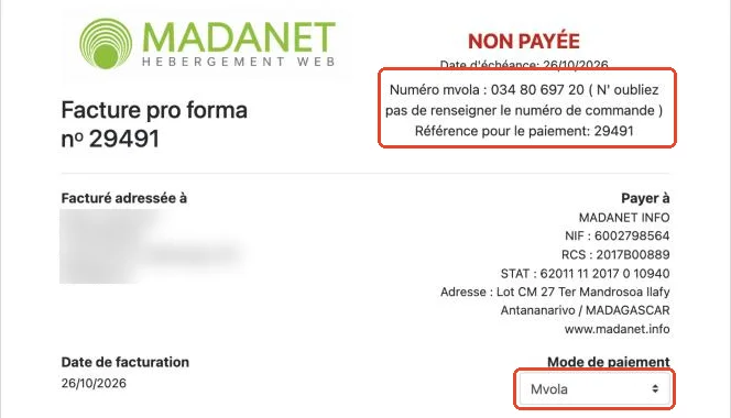 La facture, les instructions de paiement et le mode de paiement