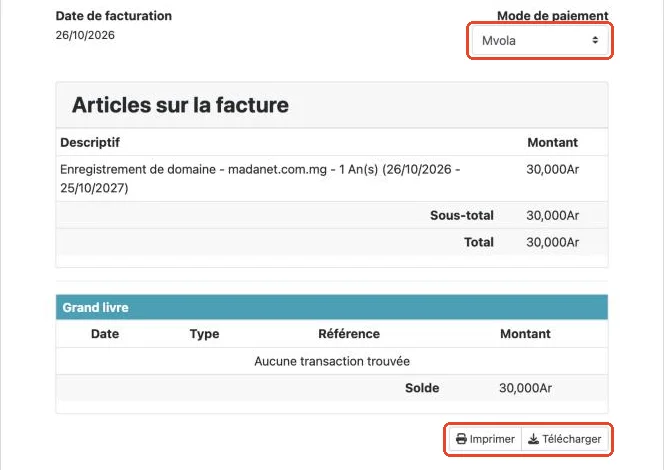 Le solde et les boutons Imprimer et Télécharger