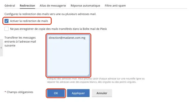 L’onglet Redirection de l’adresse e-mail